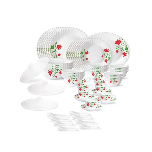 Image of Larah by Borosil Hazel Fluted Series Opalware Dinner Set | 63 Pieces for Family of 8 | Microwave & Dishwasher Safe | 