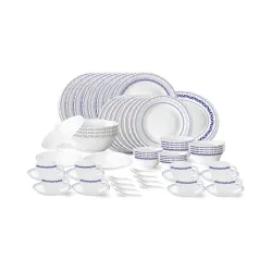 Larah by Borosil Jazzblue Fluted Series Opalware Dinner Set | 63 Pieces for Family of 8 | Microwave & Dishwasher Safe | Bone-Ash Free | Crockery Set for Dining & Gifting | Plates & Bowls | W...
