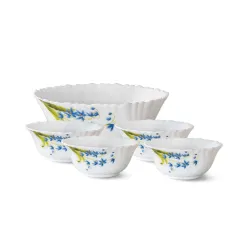 Larah by Borosil Lavender Fluted Series Opalware 5 Pcs Pudding Set | Microwave & Dishwasher Safe | Bone-Ash Free | Crockery Set For Dining & Gifting | Bowls Set | White