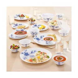 Larah By Borosil Morning Glory Silk Series Opalware Dinner Set With Glasses 35 Pcs For Family of 6, Microwave & Dishwash