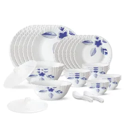 Larah by Borosil Morning Glory Silk Series Opalware Dinner Set | 35 Pieces for Family of 6 | Microwave & Dishwasher Safe