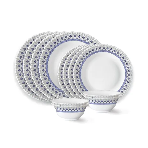 Image of Larah by Borosil Ocean Fluted Series Opalware Dinner Set | 12 Pieces for Family of 4 | Microwave & Dishwasher Safe |
