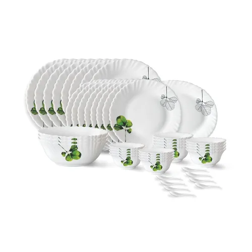 Image of Larah by Borosil Oval Fluted Series Opalware Dinner Set | 44 Pieces for Family of 8 | Microwave & Dishwasher Safe | Bone