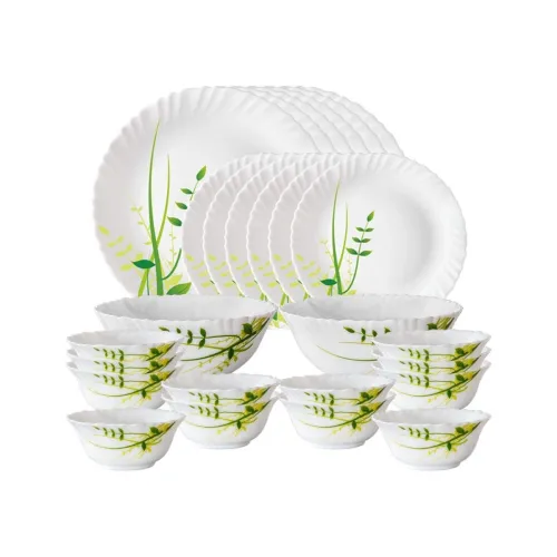 Image of Larah by Borosil Green Herbs Opalware Dinner Set, 28 Pcs, White