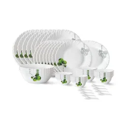 Larah by Borosil Oval Fluted Series Opalware Dinner Set | 44 Pieces for Family of 8 | Microwave & Dishwasher Safe | Bone