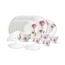 Larah by Borosil Nargis Fluted Series Opalware Dinner Set | 31 Pieces for Family of 6 | Microwave & Dishwasher Safe