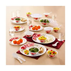 Larah By Borosil Rose Red Silk Series Opalware Dinner Set with Glasses, 40 Pieces for Family of 6, Microwave & Dishwashe