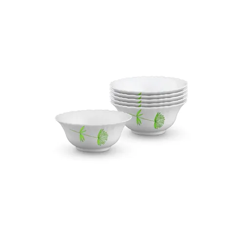 Image of Larah by BOROSIL Opalware Veg Bowl - White, Green Lily, 4.5 inch, Set of 6
