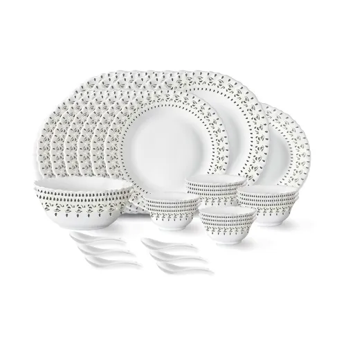 Image of Larah by Borosil Ora Gold Fluted Series Opalware Dinner Set of Plate, Veg Bowls