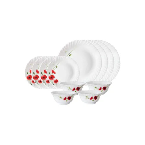 Image of Larah by Borosil Red Carnation Opalware Dinner Set 12 Pieces