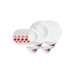 Larah by Borosil Red Carnation Opalware Dinner Set, 12 Pieces, White