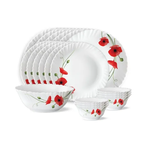 Image of Larah by BOROSIL Red Carnations Opalware Dinner Set (White) - 19-Pieces