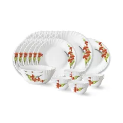 Larah by Borosil Red Iris 27-Piece Fluted Opalware Dinner Set