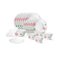 Larah by Borosil Red Mist Fluted Series Opalware Dinner Set 28 Pieces for Family of 6 | Microwave & Dishwasher Safe | Bone-Ash Free | Crockery Set for Dining & Gifting | Plates & Bowls | Whi...