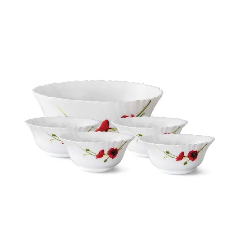 Image of Larah by Borosil Red Carnation Fluted Series Opalware 5 Pcs Pudding Set