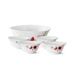Larah by Borosil Red Carnation Fluted Series Opalware 5 Pcs Pudding Set | Microwave & Dishwasher Safe | Bone-Ash Free | Crockery Set For Dining & Gifting | Bowls Set | White