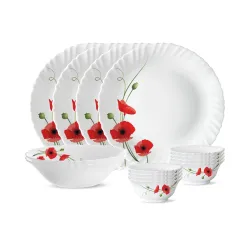 Larah by BOROSIL Red Carnation Opalware Dinner Set, (14-Pieces, White)