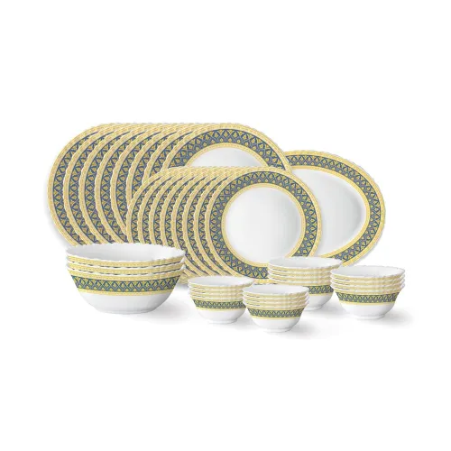 Image of Larah by Borosil Regal Fluted Series Opalware Dinner Set | 36 Pieces for Family of 8 | Microwave & Dishwasher Safe | Bon