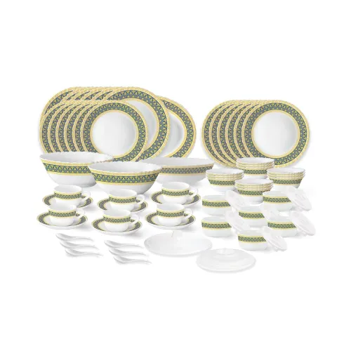 Image of Larah by Borosil Regal Fluted Series Opalware Dinner Set | 66 Pieces for Family of 6 | Microwave & Dishwasher Safe | 