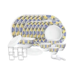 Larah by Borosil Silk Series Kora Opalware Dinner Set with Vision Glass | 40 pcs for Family of 6 | Microwave & Dishwashe
