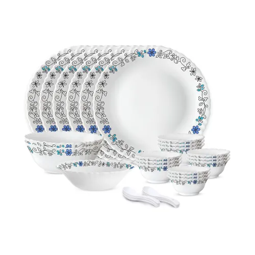 Image of Larah by Borosil Silk Series Blue Iris Opalware Dinner Set 27 Pieces for Family of 6