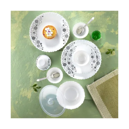 Image of Larah by Borosil Silk Series Luna Opalware Dinner Set with Steel Spoon | 55 Pcs for Family of 8 | Microwave & Dishwasher