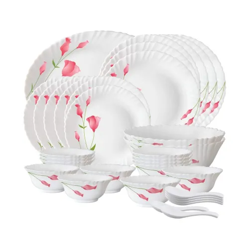 Image of Larah by BOROSIL Fluted Series Diana Opalware Dinner Set | 33 Piece for Family of 6 | Microwave & Dishwasher Safe | Bone