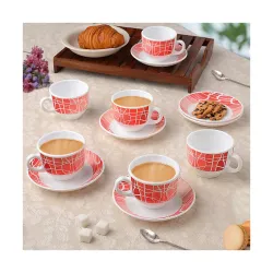 Larah by BOROSIL Flamingo Opalware Cup and Saucer Set of 12 pcs | Tea/Coffee Cups 220 ml | Microwave & Dishwasher Safe |