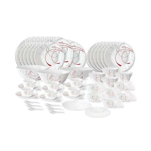 Image of Larah by Borosil Boro Fluted Series Opalware Dinner Set | 66 Pieces for Family of 6 | Microwave & Dishwasher Safe | Bone