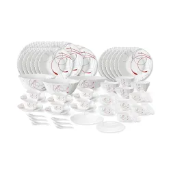 Larah by Borosil Boro Fluted Series Opalware Dinner Set | 66 Pieces for Family of 6 | Microwave & Dishwasher Safe | Bone