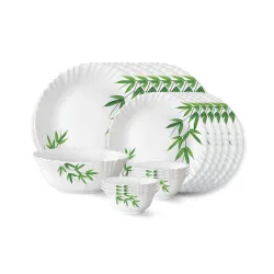 Larah by Borosil Bamboo Leaves Fluted Series Opalware Dinner Set | 27 Pieces for Family of 6 | Microwave & Dishwasher Sa