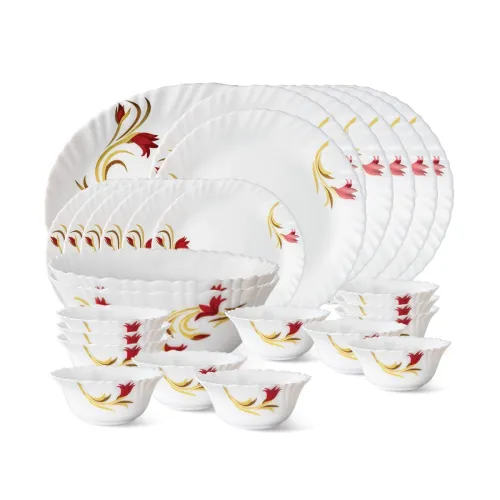 Image of Larah by Borosil Fluted Series Red Lily Opalware Dinner Set, 27 Piece 