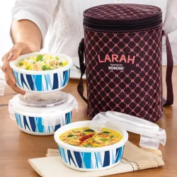 Larah by Borosil Geo Blue Opalware with Bag, Unisex for Office, School 3 Containers Opalware Office Lunch Box (400 ml)