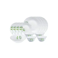 Larah by Borosil Green Lily Opalware Dinner Set, 13 -Piece, White
