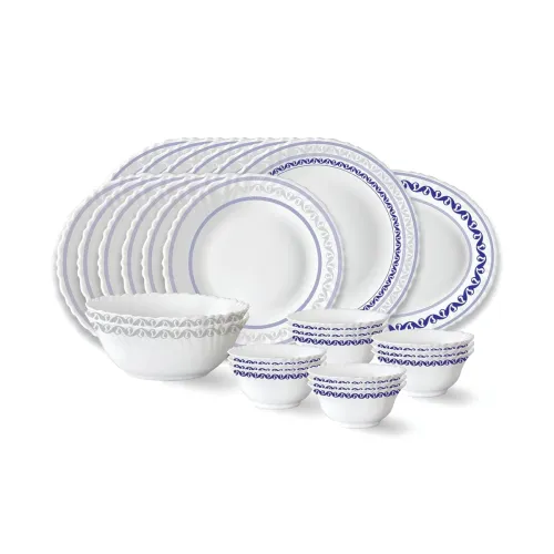 Image of Larah by Borosil Jazzblue Fluted Series Opalware Dinner Set | 27 Pieces for Family of 6 | Microwave & Dishwasher Safe | 