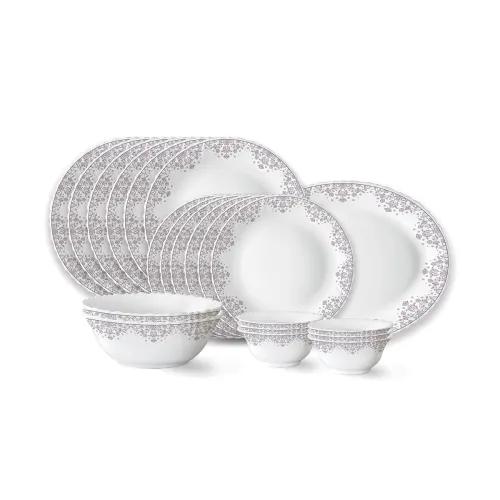 Image of Larah by Borosil Lark Fluted Series Opalware Dinner Set | 21 Pieces for Family of 6 | Microwave & Dishwasher Safe | Bone