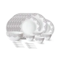 Larah by Borosil Lark Fluted Series Opalware Dinner Set | 33 Pieces for Family of 6 | Microwave & Dishwasher Safe | Bone-Ash Free | Crockery Set for Dining & Gifting | Plates & Bowls | White