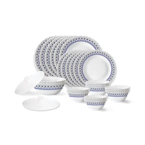 Image of Larah by Borosil Ocean Fluted Series Opalware Dinner Set | 28 Pieces for Family of 6 | Microwave & Dishwasher Safe | Bon