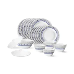 Larah by Borosil Ocean Fluted Series Opalware Dinner Set | 28 Pieces for Family of 6 | Microwave & Dishwasher Safe | Bon