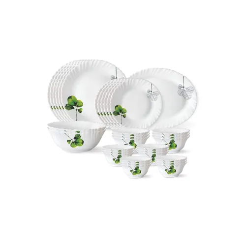 Image of Larah by Borosil Oval Fluted Series Opalware Dinner Set | 33 Pieces for Family of 6 | Microwave & Dishwasher Safe | Bone