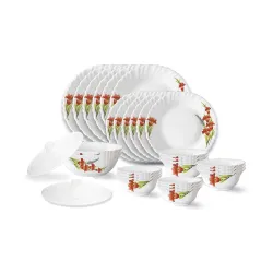 Larah by Borosil Red Iris Fluted Series Opalware Dinner Set | 28 Pieces for Family of 6 | Microwave & Dishwasher Safe | 