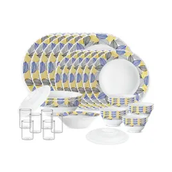 Larah by Borosil Silk Series Kora Opalware Dinner Set with Vision Glass | 35 pcs for Family of 6 | Microwave & Dishwasher Safe | Plates & Bowls | Crockery for Dining & Gifting | Leaf Pattern