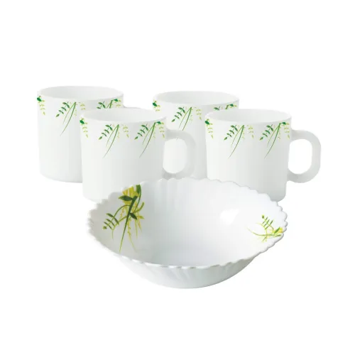 Image of Larah by BOROSIL Hub Opalware Snacks Set (White, Green) - 5-Pieces