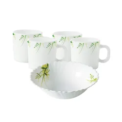 Larah by BOROSIL Hub Opalware Snacks Set (White, Green) - 5-Pieces