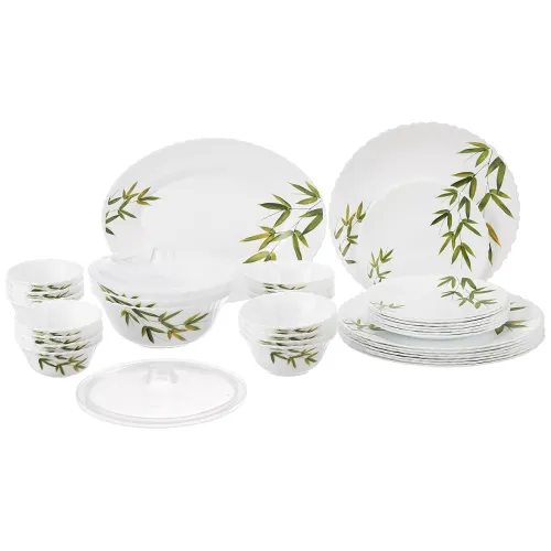 Image of Larah by Borosil Bamboo Leaves Fluted Series Opalware Dinner Set | 36 Pieces for Family of 8 | Microwave & Dishwasher Sa