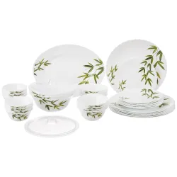 Larah by Borosil Bamboo Leaves Fluted Series Opalware Dinner Set | 36 Pieces for Family of 8 | Microwave & Dishwasher Safe | Bone-Ash Free | Crockery Set for Dining & Gifting | Plates & Bowl...