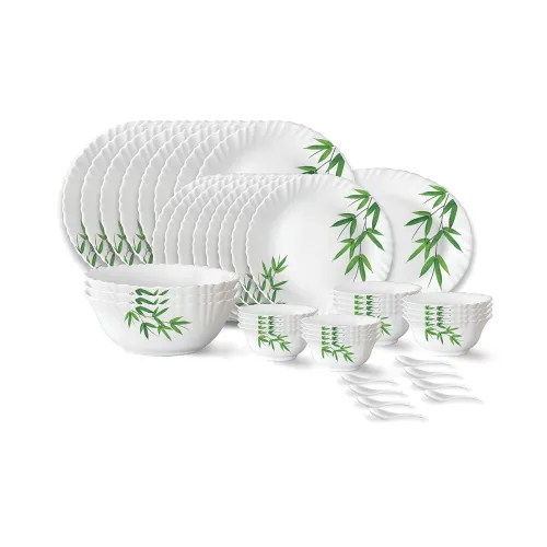Image of Larah by Borosil Bamboo Leaves Fluted Series Opalware Dinner Set | 44 Pieces for Family of 8 | Microwave & Dishwasher Sa