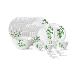 Larah by Borosil Bamboo Leaves Fluted Series Opalware Dinner Set | 44 Pieces for Family of 8 | Microwave & Dishwasher Sa