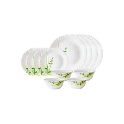 Larah by Borosil Green Herbs Opalware Dinner Set, 12 Pieces, White