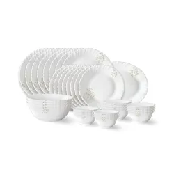 Larah by Borosil Ingot Fluted Series Opalware Dinner Set | 36 Pieces for Family of 8 | Microwave & Dishwasher Safe | Bon